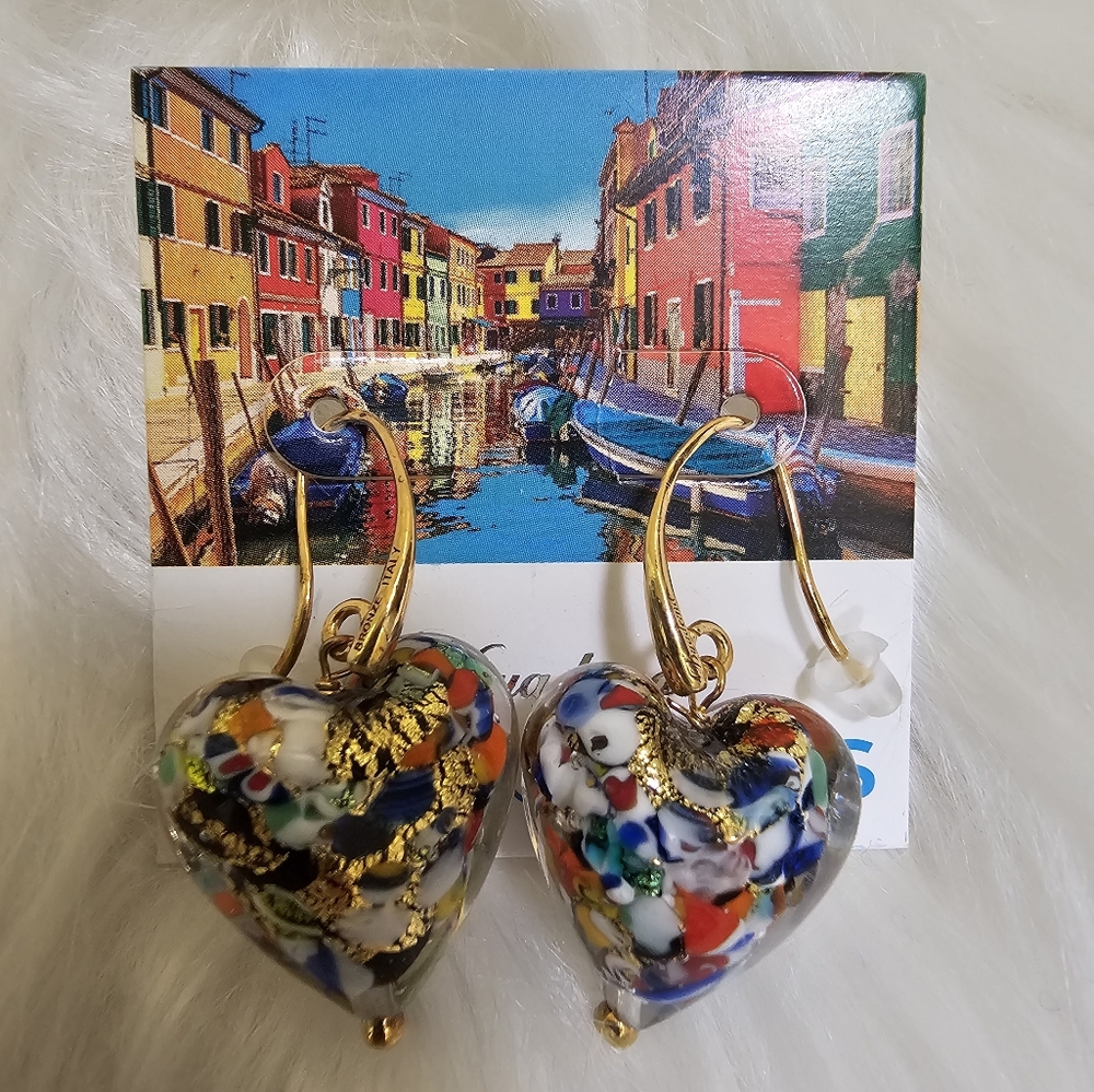 Murano Glass Heart Earrings by Dyadema - Made In Italy - Bronze Gold Foil